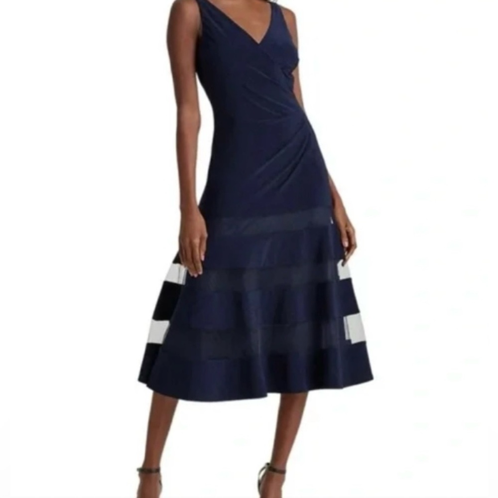 Elegant Ralph Lauren Navy Surplice V-Neck Stretch Midi Dress Size 16